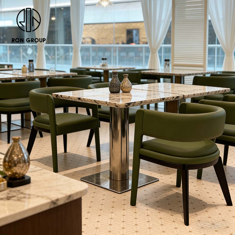 Modern Green Leather Restaurant Booth Seating Set with Square Sintered Stone Table and Matching Dining Chair