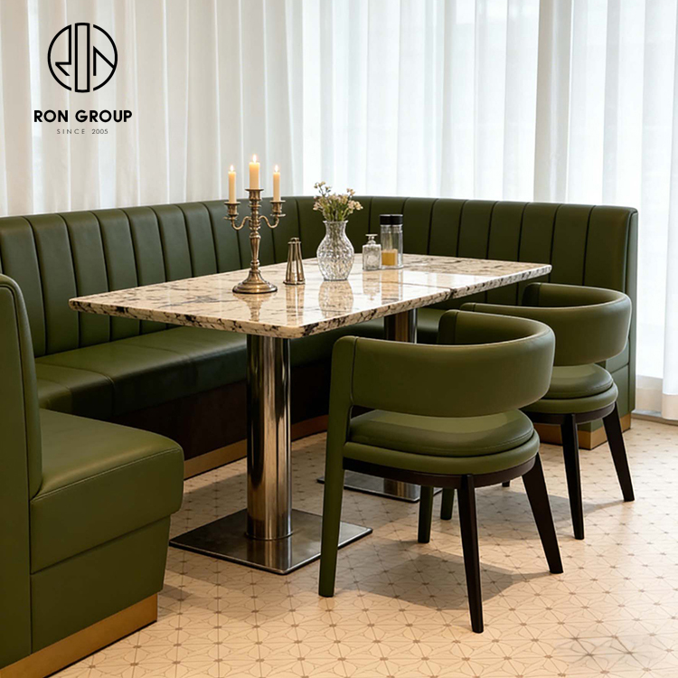 Modern Green Leather Restaurant Booth Seating Set with Square Sintered Stone Table and Matching Dining Chair