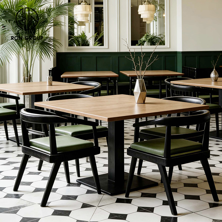 Modern French Bistro Restaurant Table and Chair Set with Black Wood Frame Chairs and Green Leather Seats