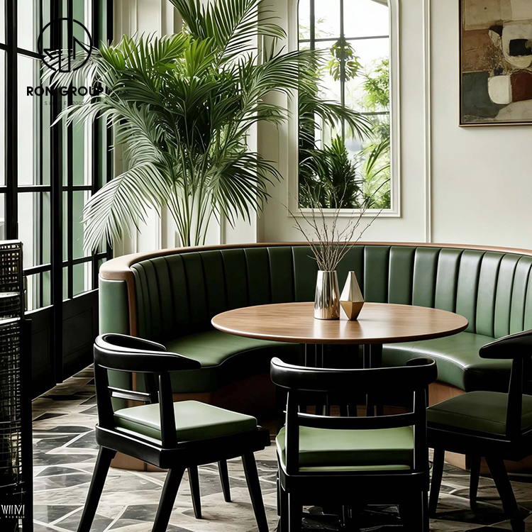Modern French Bistro Restaurant Table and Chair Set with Black Wood Frame Chairs and Green Leather Seats