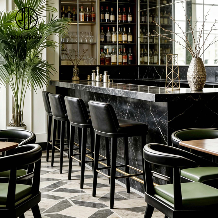 Modern French Bistro Restaurant Table and Chair Set with Black Wood Frame Chairs and Green Leather Seats
