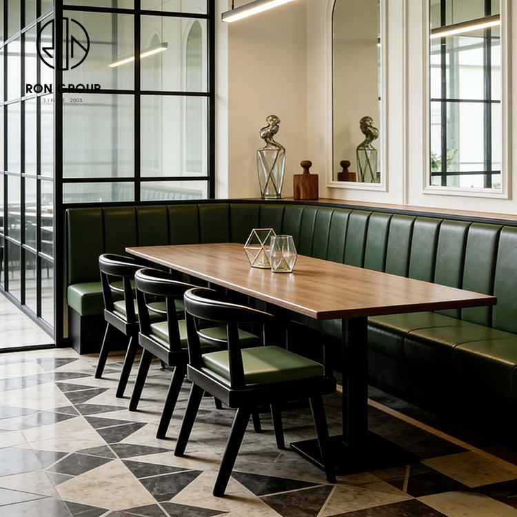 Modern French Bistro Restaurant Table and Chair Set with Black Wood Frame Chairs and Green Leather Seats