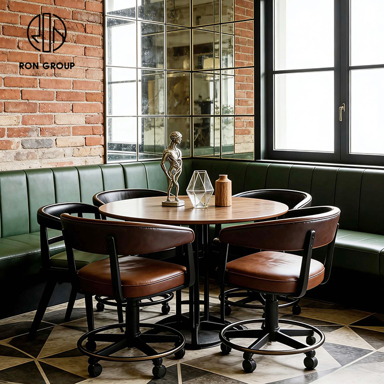 Modern French Bistro Restaurant Table and Chair Set with Black Wood Frame Chairs and Green Leather Seats