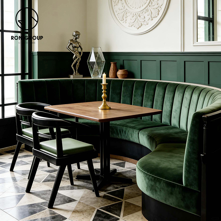 Modern French Bistro Restaurant Table and Chair Set with Black Wood Frame Chairs and Green Leather Seats