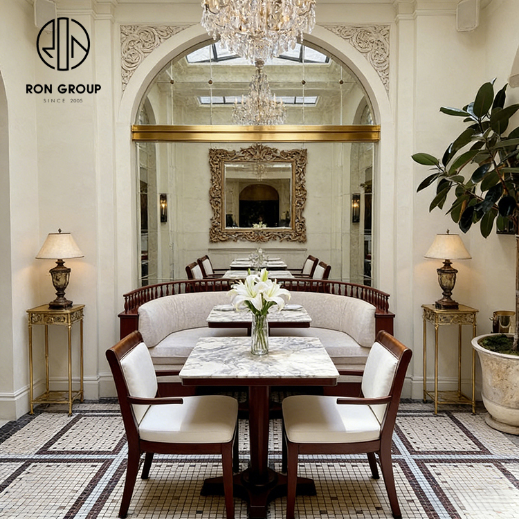 Classic French Restaurant Booth Seating Set with Half Circle Upholstered Banquette, Round Marble Table and Wooden Dining Chair