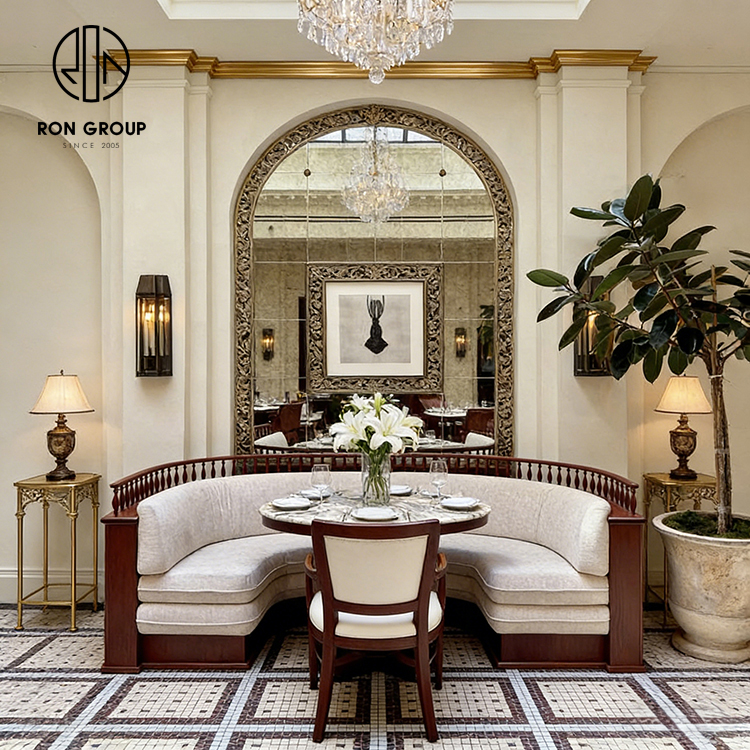 Classic French Restaurant Booth Seating Set with Half Circle Upholstered Banquette, Round Marble Table and Wooden Dining Chair