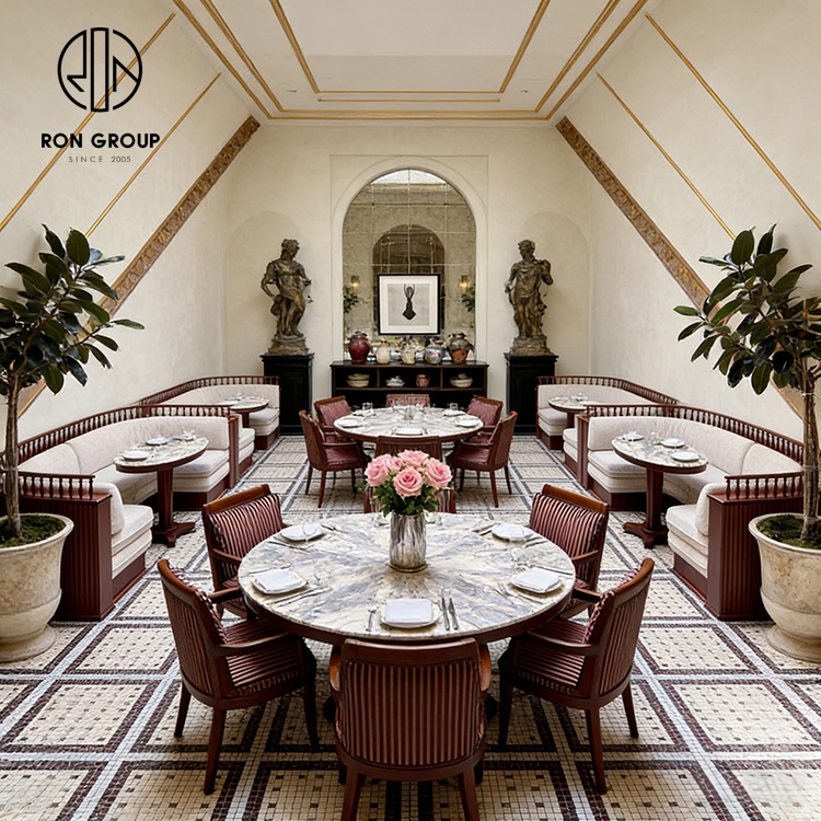 Classic French Restaurant Booth Seating Set with Half Circle Upholstered Banquette, Round Marble Table and Wooden Dining Chair