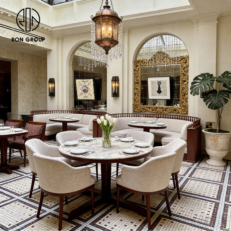 Classic French Restaurant Booth Seating Set with Half Circle Upholstered Banquette, Round Marble Table and Wooden Dining Chair