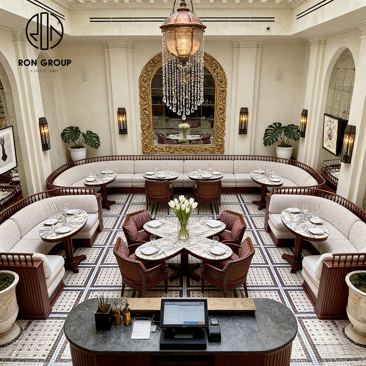 Classic French Restaurant Booth Seating Set with Half Circle Upholstered Banquette, Round Marble Table and Wooden Dining Chair