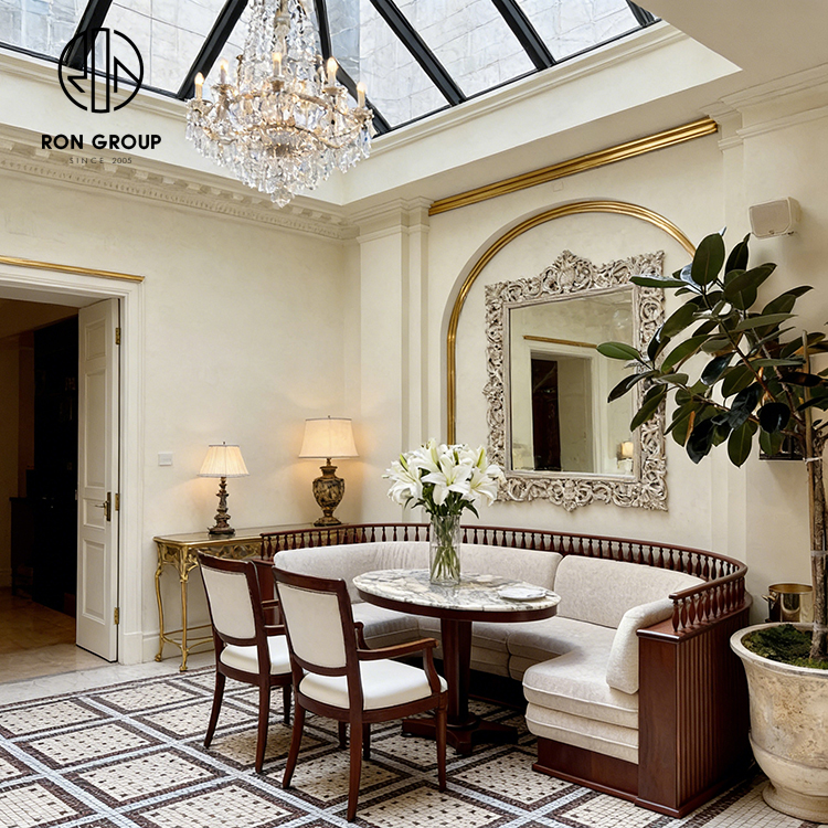 Classic French Restaurant Booth Seating Set with Half Circle Upholstered Banquette, Round Marble Table and Wooden Dining Chair