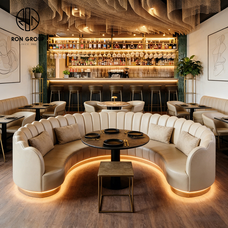 Modern Bistro Restaurant Furniture Set with Curved Leather Banquette Seating, Round Tables and Upholstered Dining Chairs