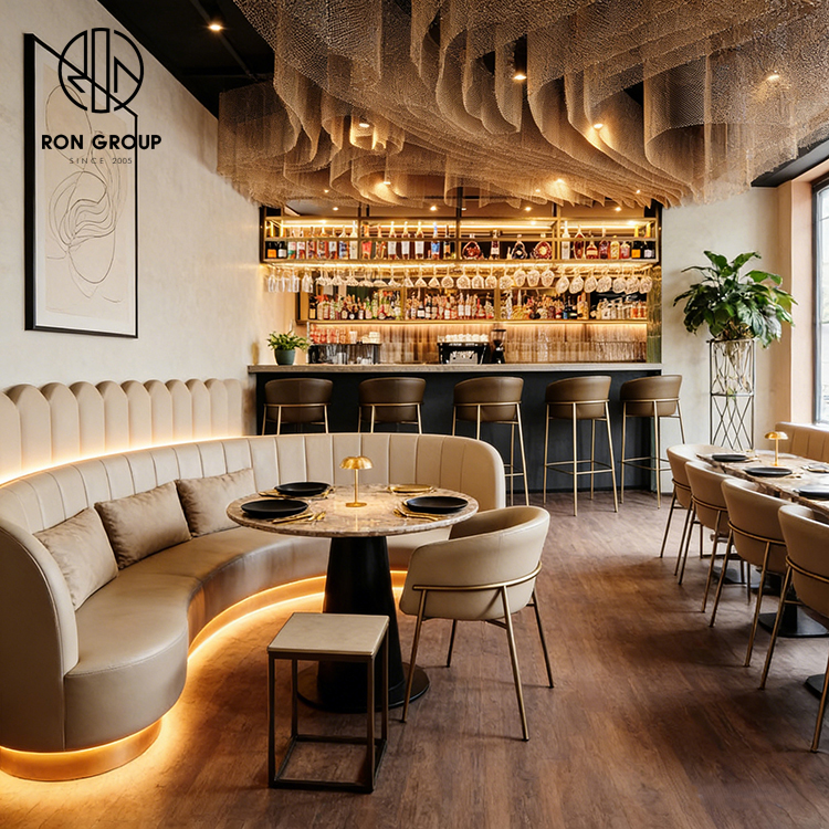 Modern Bistro Restaurant Furniture Set with Curved Leather Banquette Seating, Round Tables and Upholstered Dining Chairs