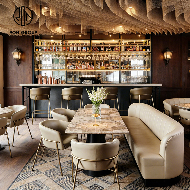 Modern Bistro Restaurant Furniture Set with Curved Leather Banquette Seating, Round Tables and Upholstered Dining Chairs