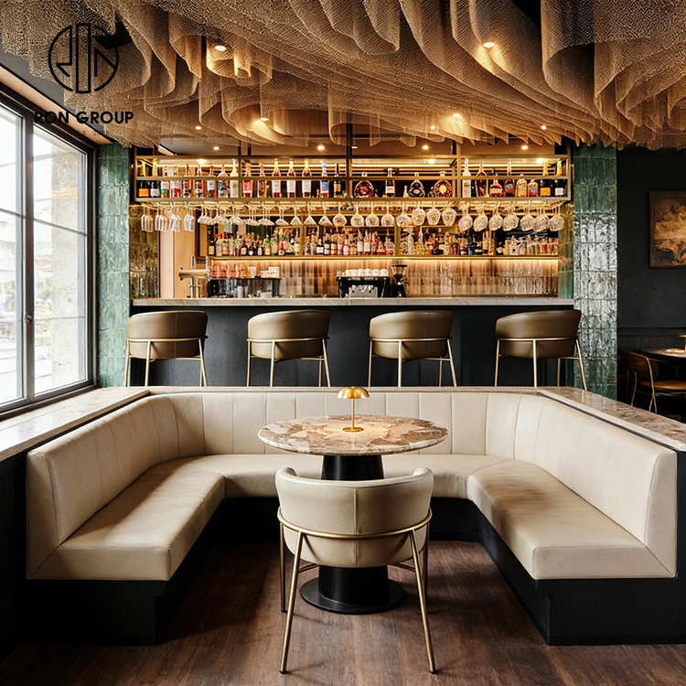 Modern Bistro Restaurant Furniture Set with Curved Leather Banquette Seating, Round Tables and Upholstered Dining Chairs
