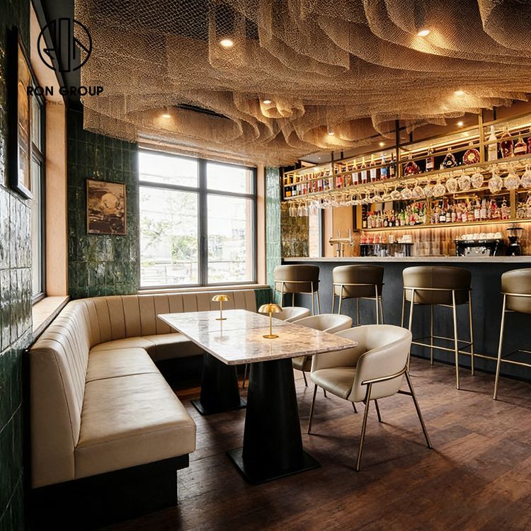 Modern Bistro Restaurant Furniture Set with Curved Leather Banquette Seating, Round Tables and Upholstered Dining Chairs