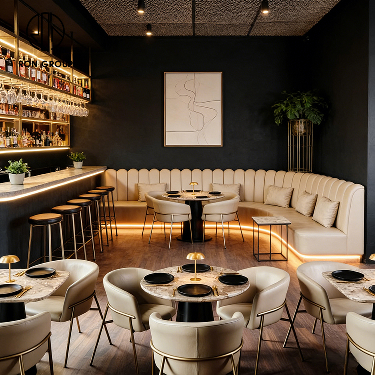 Modern Bistro Restaurant Furniture Set with Curved Leather Banquette Seating, Round Tables and Upholstered Dining Chairs