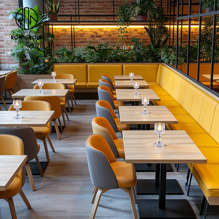 Light Luxury Yellow Leather Restaurant Booth Seating Set with Square Sintered Stone Tables and Upholstered Dining Chairs