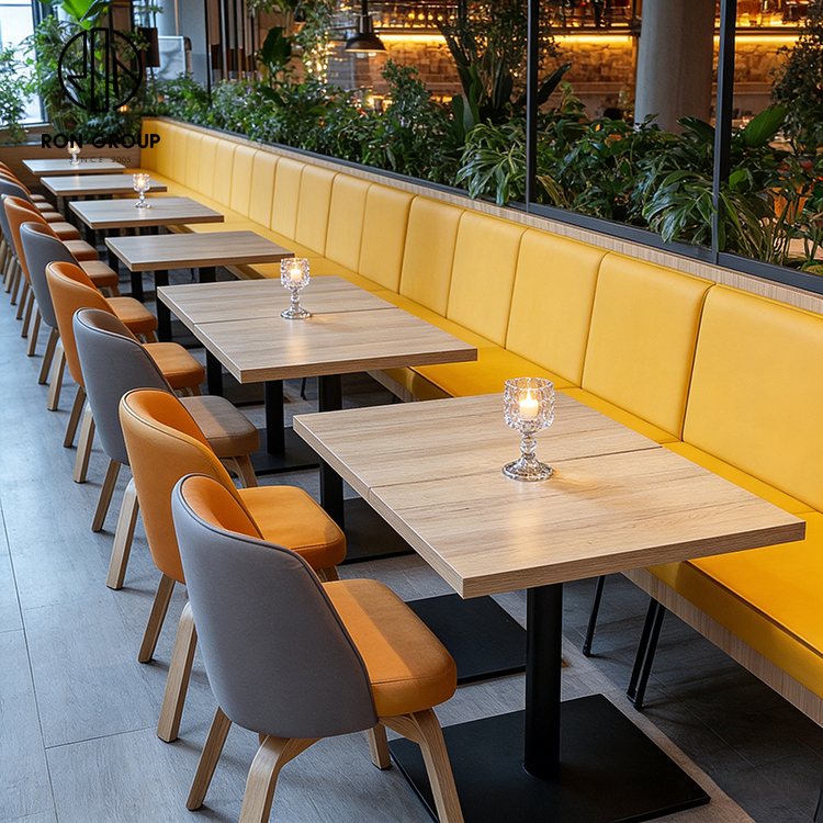 Light Luxury Yellow Leather Restaurant Booth Seating Set with Square Sintered Stone Tables and Upholstered Dining Chairs