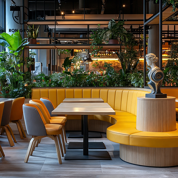 Light Luxury Yellow Leather Restaurant Booth Seating Set with Square Sintered Stone Tables and Upholstered Dining Chairs