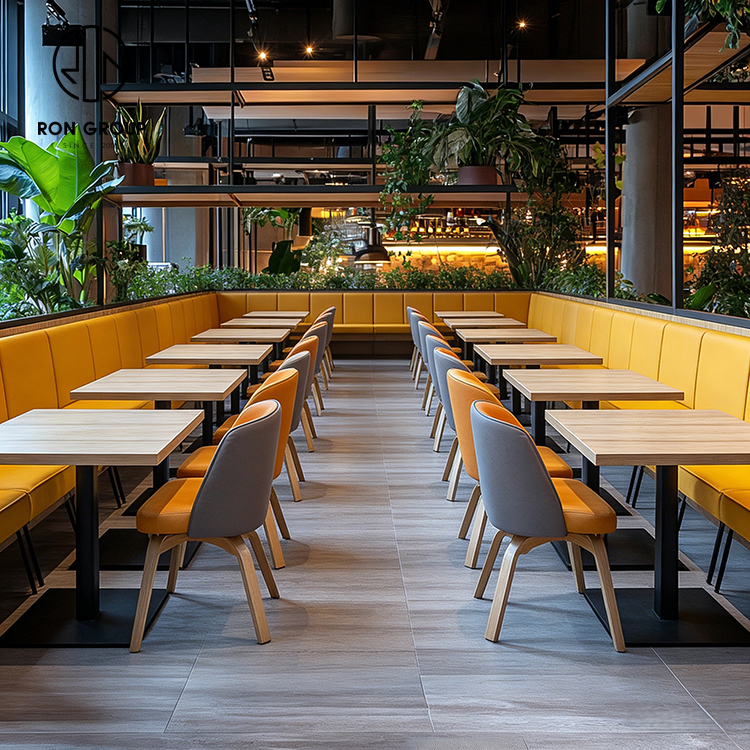 Light Luxury Yellow Leather Restaurant Booth Seating Set with Square Sintered Stone Tables and Upholstered Dining Chairs