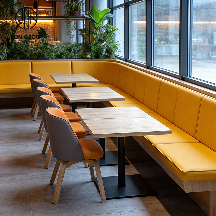 Light Luxury Yellow Leather Restaurant Booth Seating Set with Square Sintered Stone Tables and Upholstered Dining Chairs