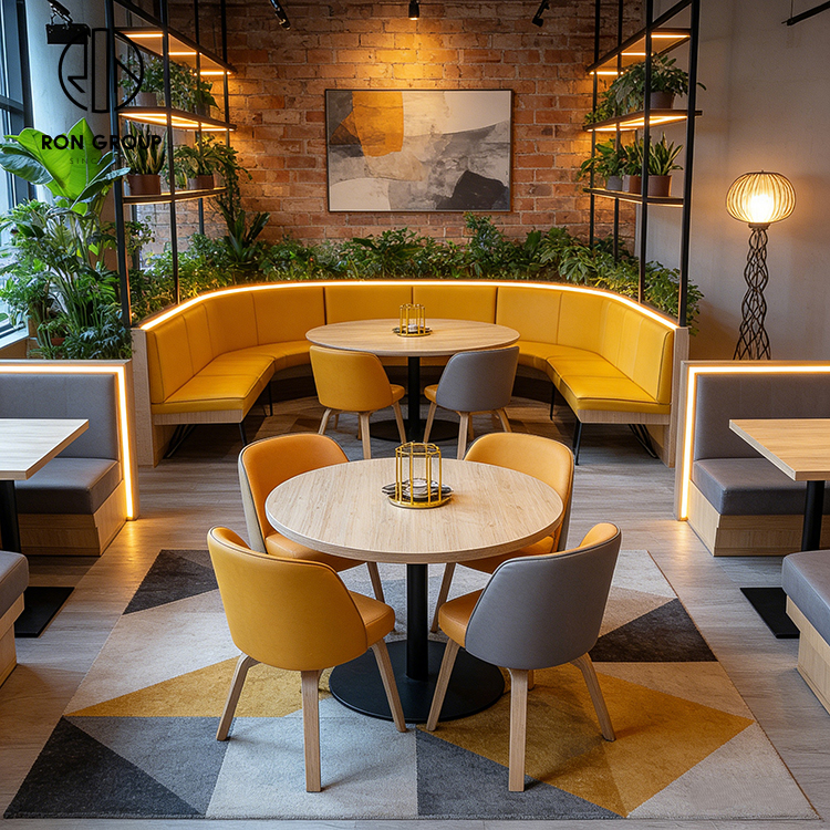 Light Luxury Yellow Leather Restaurant Booth Seating Set with Square Sintered Stone Tables and Upholstered Dining Chairs