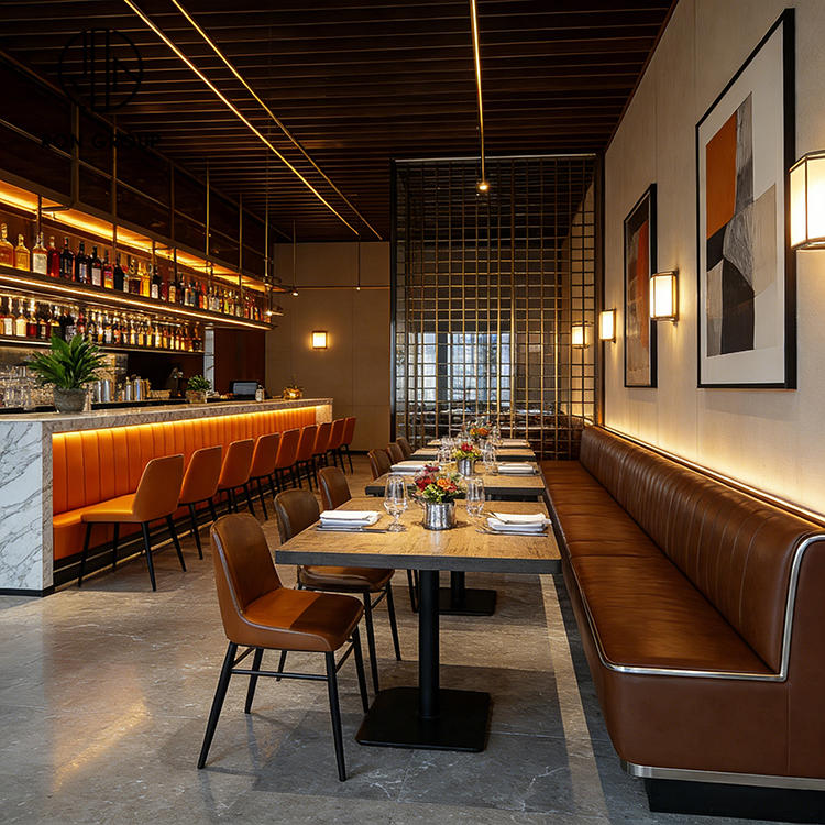 Commercial Restaurant Furniture with Upholstered Banquette Seating & Bar Lounge Design