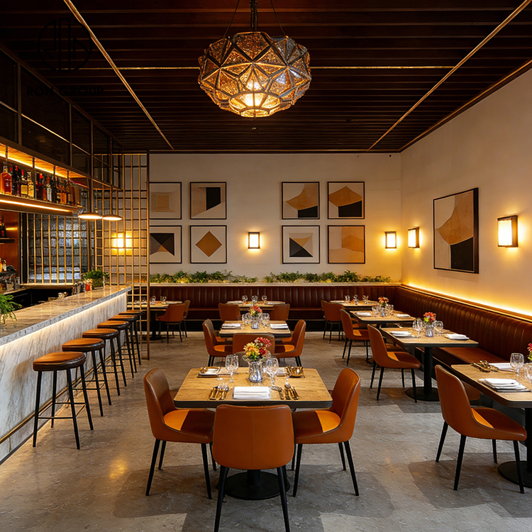 Commercial Restaurant Furniture with Upholstered Banquette Seating & Bar Lounge Design