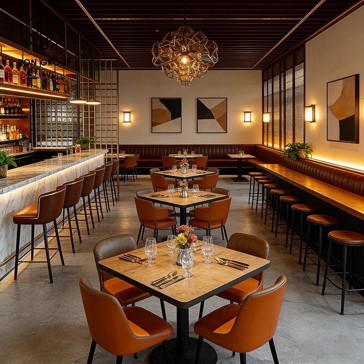 Commercial Restaurant Furniture with Upholstered Banquette Seating & Bar Lounge Design