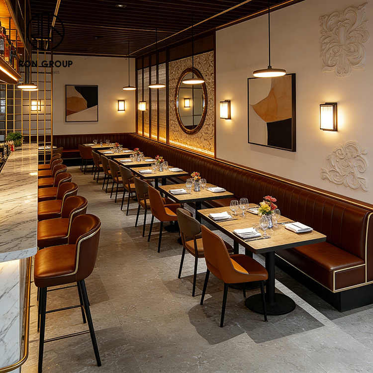 Commercial Restaurant Furniture with Upholstered Banquette Seating & Bar Lounge Design