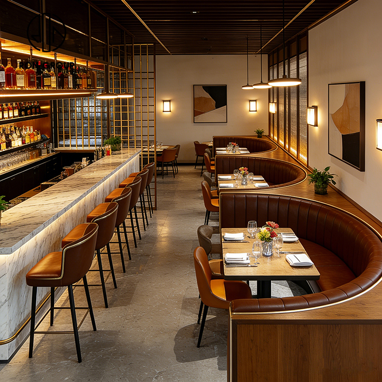 Commercial Restaurant Furniture with Upholstered Banquette Seating & Bar Lounge Design
