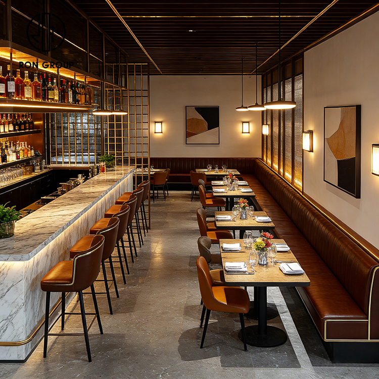 Commercial Restaurant Furniture with Upholstered Banquette Seating & Bar Lounge Design