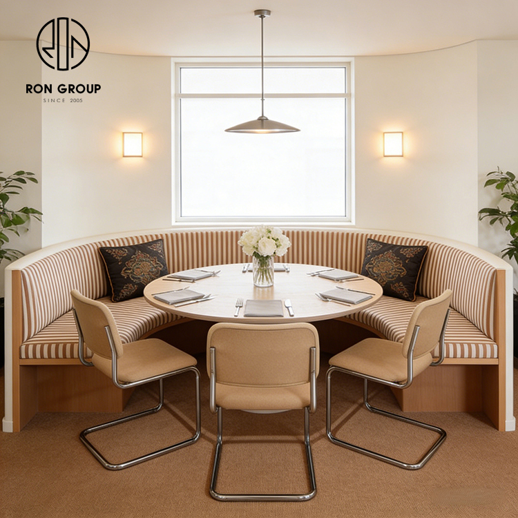 Custom Curved Banquette Seating with Space-Saving Half Circle Booth Design