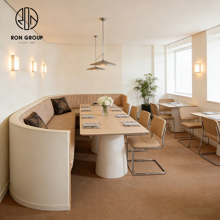 Custom Curved Banquette Seating with Space-Saving Half Circle Booth Design
