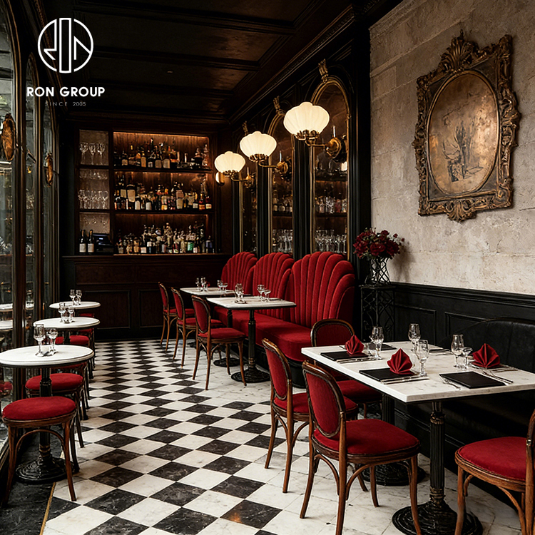 Luxury Red Velvet Banquette Seating with Vertical Channel Tufting for Fine Dining