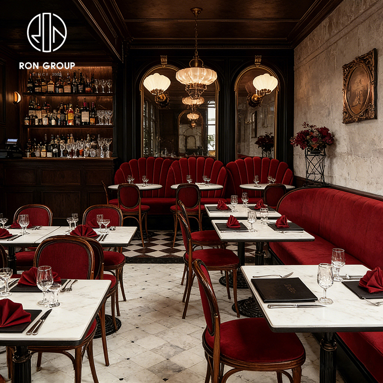 Luxury Red Velvet Banquette Seating with Vertical Channel Tufting for Fine Dining