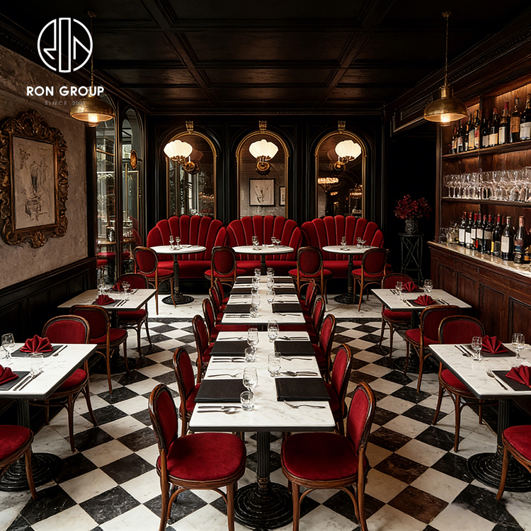 Luxury Red Velvet Banquette Seating with Vertical Channel Tufting for Fine Dining