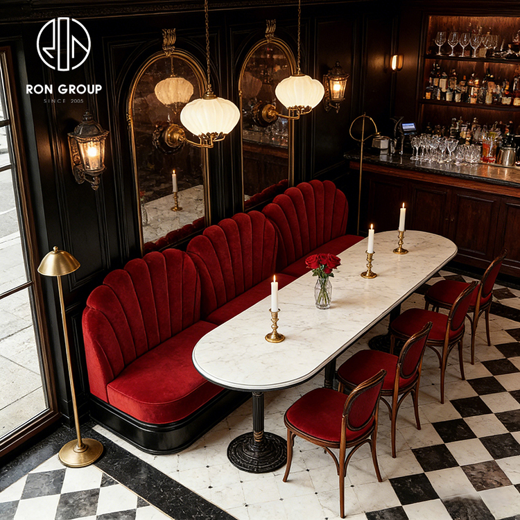 Luxury Red Velvet Banquette Seating with Vertical Channel Tufting for Fine Dining