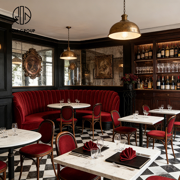 Luxury Red Velvet Banquette Seating with Vertical Channel Tufting for Fine Dining