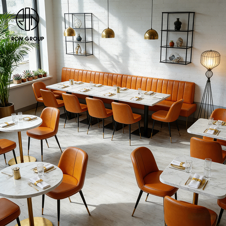 Luxury L-Shaped Banquette Seating with Premium Orange Leather Upholstery