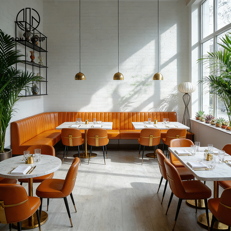 Luxury L-Shaped Banquette Seating with Premium Orange Leather Upholstery