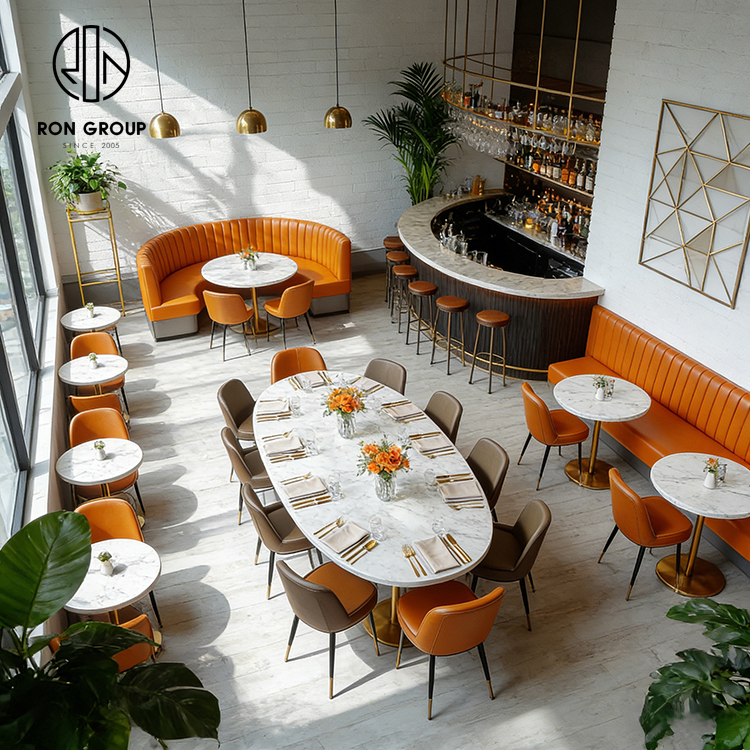 Luxury L-Shaped Banquette Seating with Premium Orange Leather Upholstery