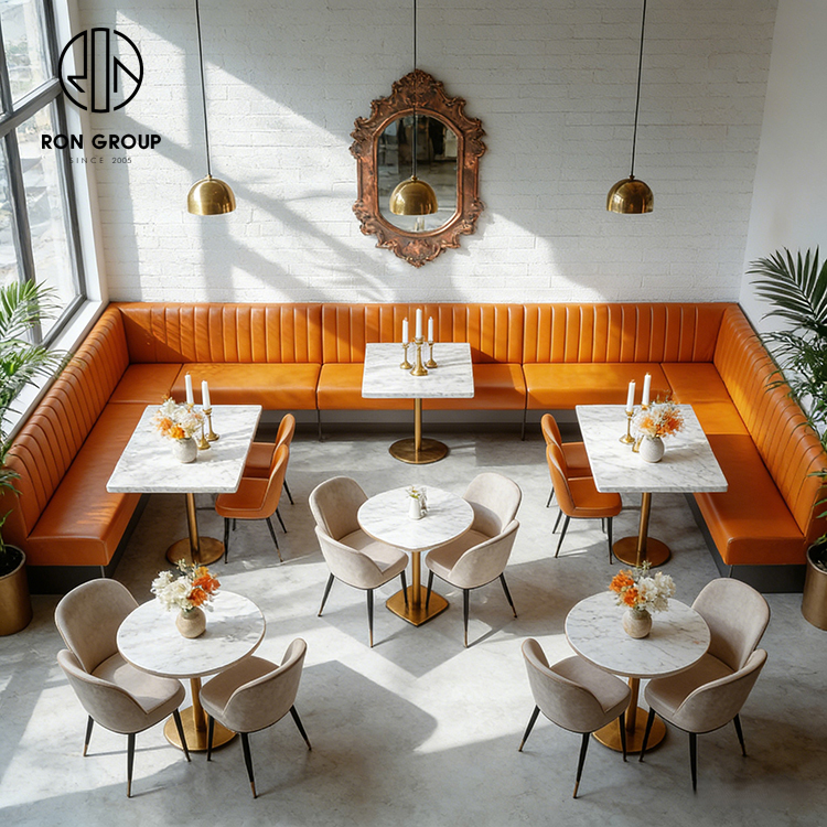 Luxury L-Shaped Banquette Seating with Premium Orange Leather Upholstery