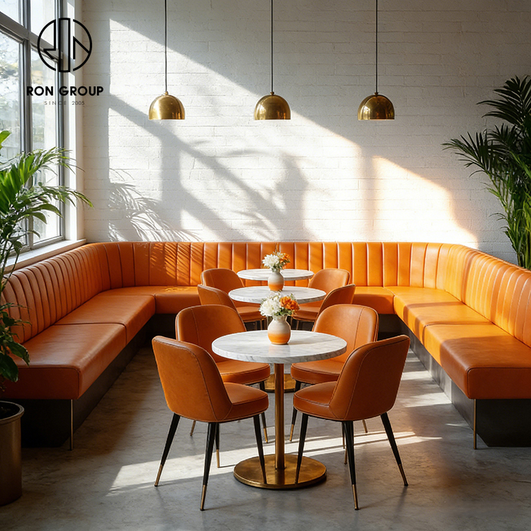 Luxury L-Shaped Banquette Seating with Premium Orange Leather Upholstery