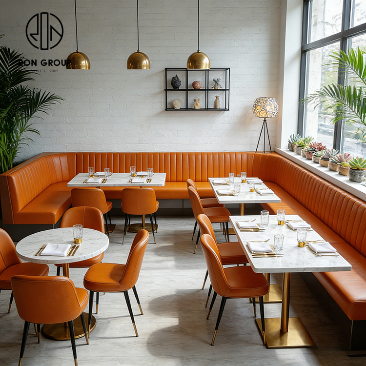 Luxury L-Shaped Banquette Seating with Premium Orange Leather Upholstery