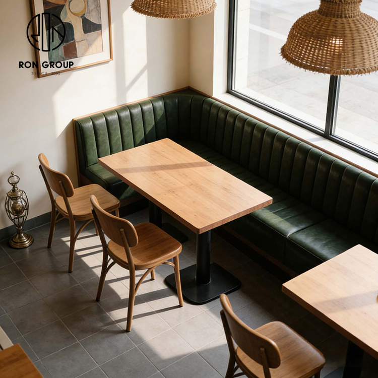 Mid-Century Restaurant Booth Seating with Dark Green Channel Tufted Banquette