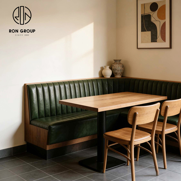 Mid-Century Restaurant Booth Seating with Dark Green Channel Tufted Banquette