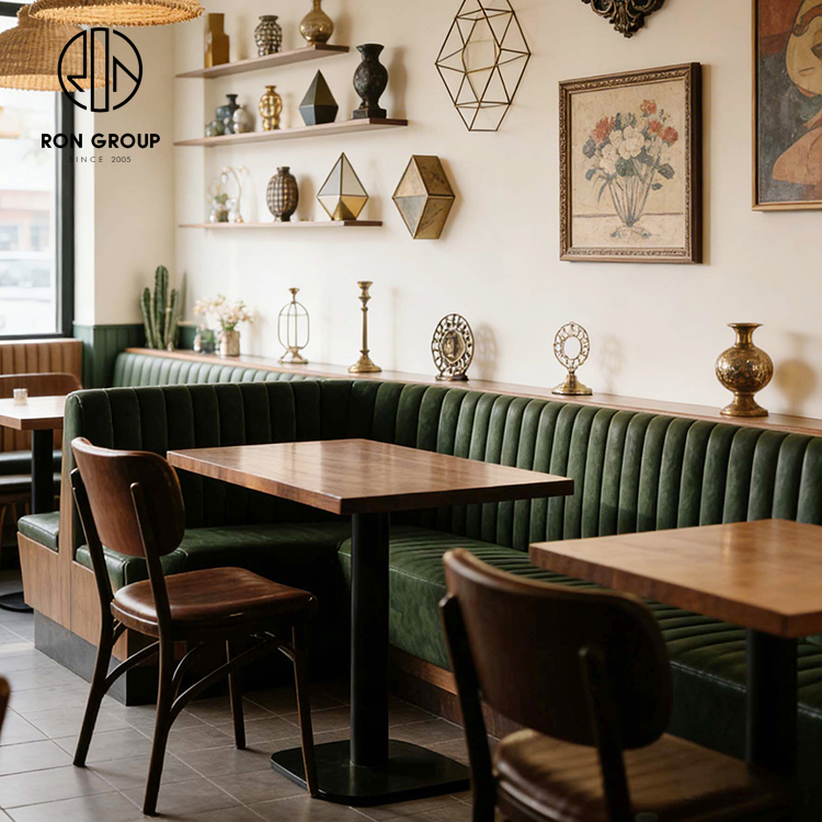 Mid-Century Restaurant Booth Seating with Dark Green Channel Tufted Banquette