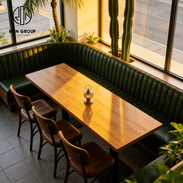 Mid-Century Restaurant Booth Seating with Dark Green Channel Tufted Banquette