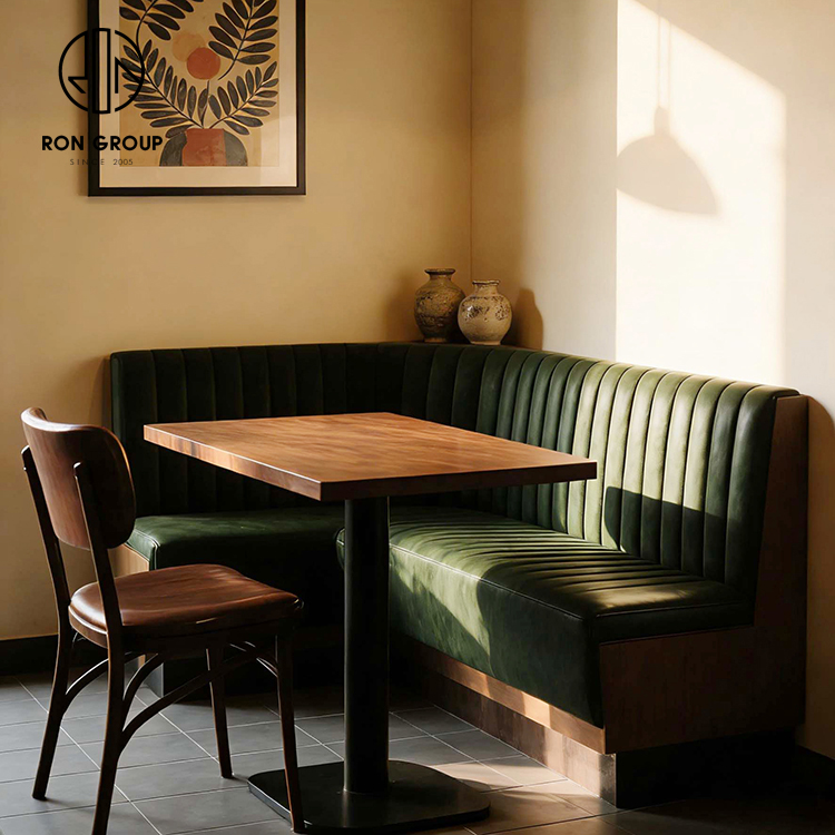 Mid-Century Restaurant Booth Seating with Dark Green Channel Tufted Banquette